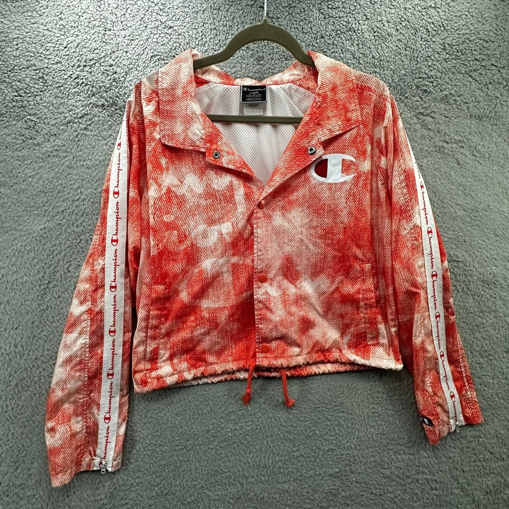Champion Women's Large Red White Tie Dye Logo Tape Windbreaker Jacket Zip Sleeve